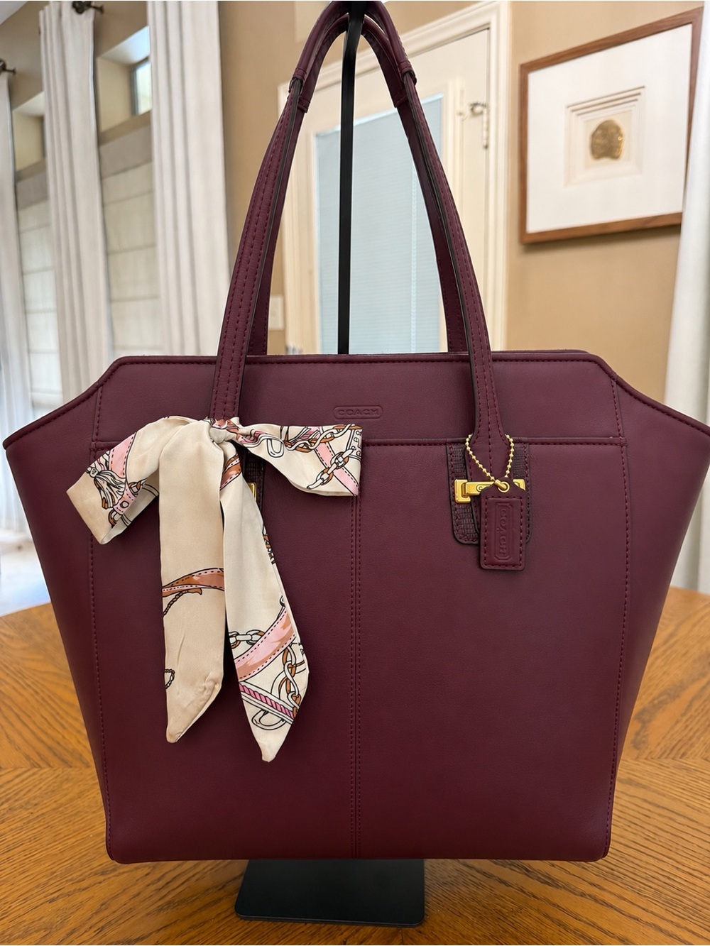 Coach Taylor Merlot Large Leather Tote with Scarf Accent